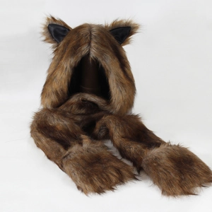 Detailed texture of brown faux fur animal hood scarf with integrated paw gloves