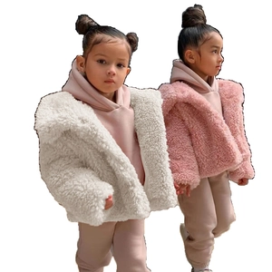 Kids warm faux fur plush jackets in cream and pink colors for autumn and winter wear