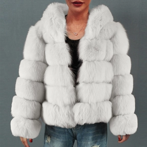 Women's white faux fur hooded jacket in a short cut featuring horizontal quilted patterns