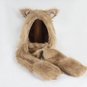 Detail of light brown faux fur animal hat with ears and integrated scarf and gloves