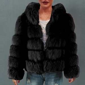 Women's black faux fur short coat with luxury plush layered texture and wide lapel collar