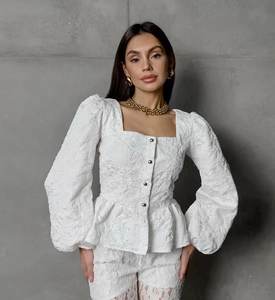Detail of white French jacquard shirt with square collar and puff sleeves for women