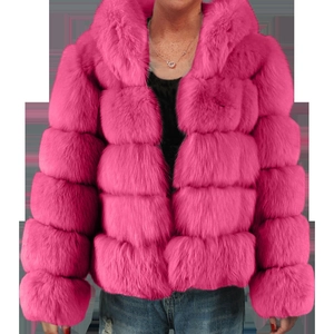 Vibrant rose pink faux fur jacket with a large hood and horizontal paneled design
