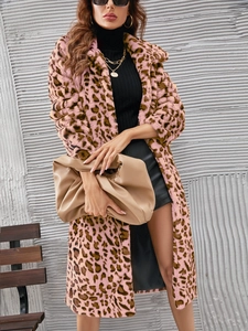 Chic long leopard print faux fur coat detail with square neck and pinkish animal pattern
