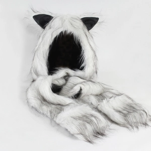 Detail of grey and white faux fur animal hood with scarf and black pointed ears