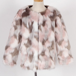 Detail of multi-color pink, gray and white faux fur texture on a cropped winter jacket