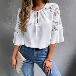 Elegante Weiße Damenbluse Mit Spitzen-Patchwork Bindehals Glockenärmel Einfarbig Casual Office Hemd Fashion Top