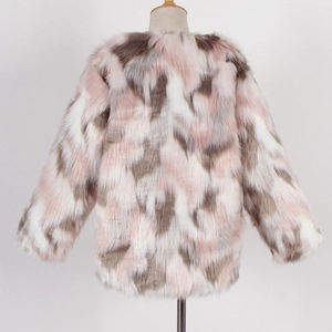 Detail of soft pink, white, and grey faux fox fur texture on women's winter jacket