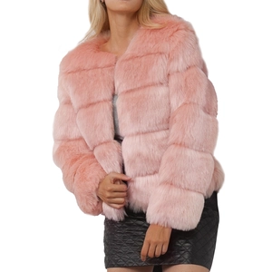 Detail of pink faux fur jacket with horizontal stripes and silver sequin top