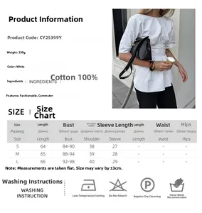Tableau des tailles pour élégant chemisier blanc en coton avec nœud décoratif au dos