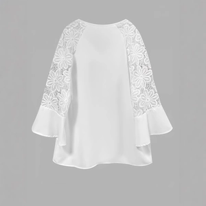 Elegante weiße Damenbluse mit Spitzenärmeln und Schleifenkragen aus weichem Webstoff