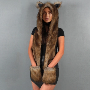 Women Faux Fur Animal Hood Scarf Gloves Set Cute Ear Winter Warm Long Scarf Hat Mitten Pocket Headwear Accessories