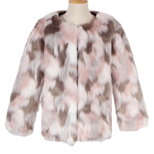 Women's faux fur jacket in pink white and grey patchwork style with round neck