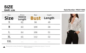 Detailed size chart for women's lace lapel long sleeve shirt with measurements in cm