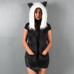 Faux fur animal hooded scarf with ears and gloves, black and white color block design