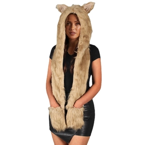 3-in-1 animal ears faux fur hat scarf and gloves combo in light camel for winter
