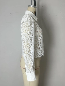 Elegant white lace long sleeve shirt with floral texture and classic lapel for women