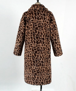 Detail view of the back of a long leopard print faux fur coat with plush texture