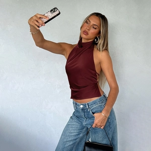 Top Dos Nu En Satin Col Halter Couleur Unie Streetwear Sexy Sans Manches Blouse De Soirée Pour Femmes