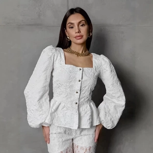 French style white jacquard puff sleeve square neck shirt with lace shorts set for women