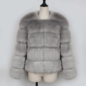 Detailed close-up of light grey faux fur coat featuring horizontal striped texture