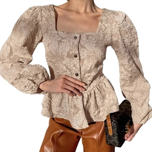 French jacquard puff sleeve blouse with square neckline and button front in beige
