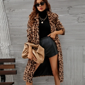 Women's Fashion Long Leopard Print Faux Fur Coat Winter Warm Lapel Streetwear Outerwear Overcoat Jacket