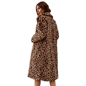 Women's long leopard print faux fur coat with large collar and thick warm texture