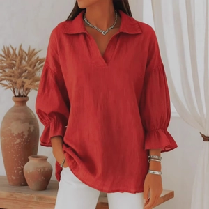 Dunkelrote lockere V-Ausschnitt Bluse mit Rüschenbündchen und lässigem Reverskragen