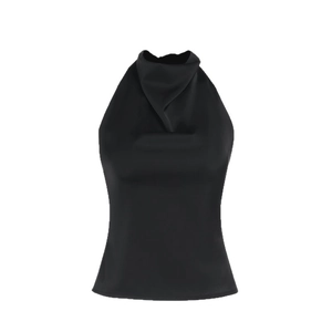 Haut dos nu élégant en satin noir avec décolleté drapé sophistiqué et design sans manches