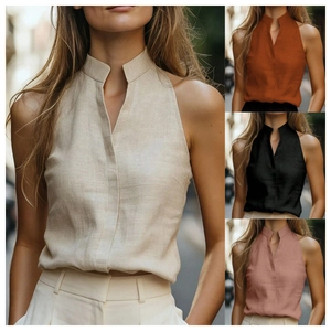Ärmellose Damenbluse mit Stehkragen und V-Ausschnitt in Beige Orange Schwarz Pink