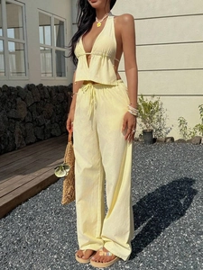 Women Striped Halter V-Neck Backless Top And Wide Leg Pants Top And Bottom Fashion Casual Vacation Beachwear