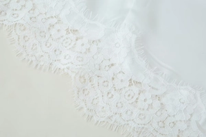 Detail of white blouse showing delicate eyelash lace and premium smooth fabric texture