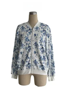 Detail of floral zipper jacket showing ribbed collar and white base with blue blossoms