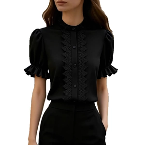Women's black lace拼接 puffed sleeve shirt with high collar and elegant button details