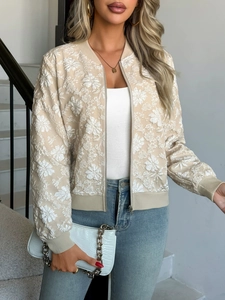 Giacca bomber beige con ricami floreali e cerniera per un look casual elegante