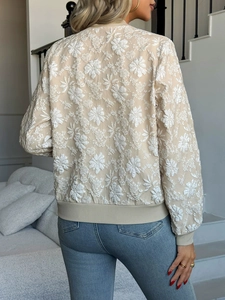 Giacca bomber beige da donna con trama jacquard floreale 3D e bordi a costine morbidi