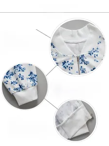Detailed views of floral jacket featuring ribbed baseball collar, cuffs and hem texture