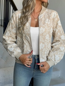 Giacca jacquard beige a fiori da donna con zip e bordi a costine, stile casual chic