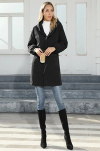 Women's black mid-length hooded parka featuring adjustable waist drawstring and large pockets