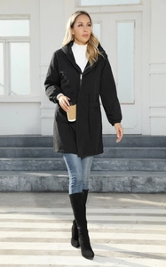 Black mid-length hooded parka featuring a drawstring waist and front zipper closure