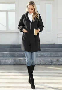 Women's black mid-length hooded windbreaker jacket with waist drawstring and pockets