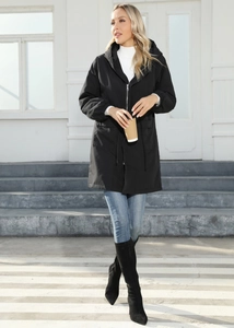 Outdoor look of long black hooded windbreaker with adjustable drawstrings and pockets