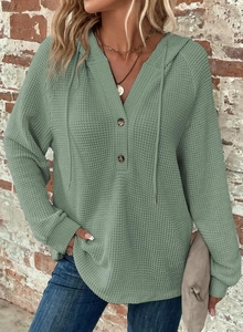 Detailed waffle knit texture and button V-neck design of this bean green hooded sweatshirt
