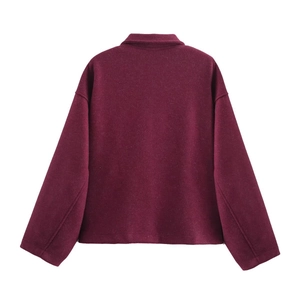 Back view of burgundy wool blend cropped jacket with drop shoulders and lapel collar