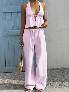 Women's summer two-piece striped halter crop top and drawstring wide-leg pants set