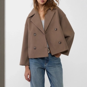 Women Double Breasted Pea Coat Large Lapel Short Woolen Jacket Polyester Solid Color Loose Outerwear Autumn Winter Jacket