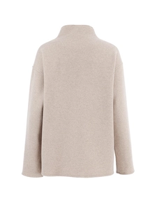 Detailweergave van de achterkant van een beige wollen jas met hoogwaardige stof en kraag