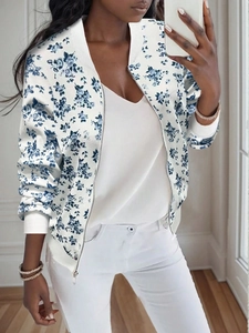 Women Floral Baseball Collar Jacket Elegant Printed Zipper Bomber Jacket Long Sleeve Casual Commute Outerwear Top