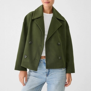 Women's dark green double-breasted short wool coat with wide lapels and large buttons